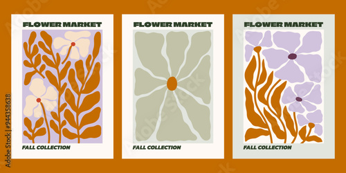 Fall flower market vector posters set. Autumn florals print templates. Matisse style botanical illustrations
