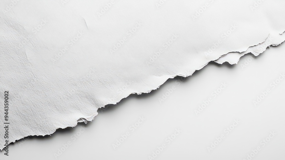 Torn white paper edge on a clean white background, emphasizing texture and contrast. Torn white paper edge on a clean white background, emphasizing texture and contrast.