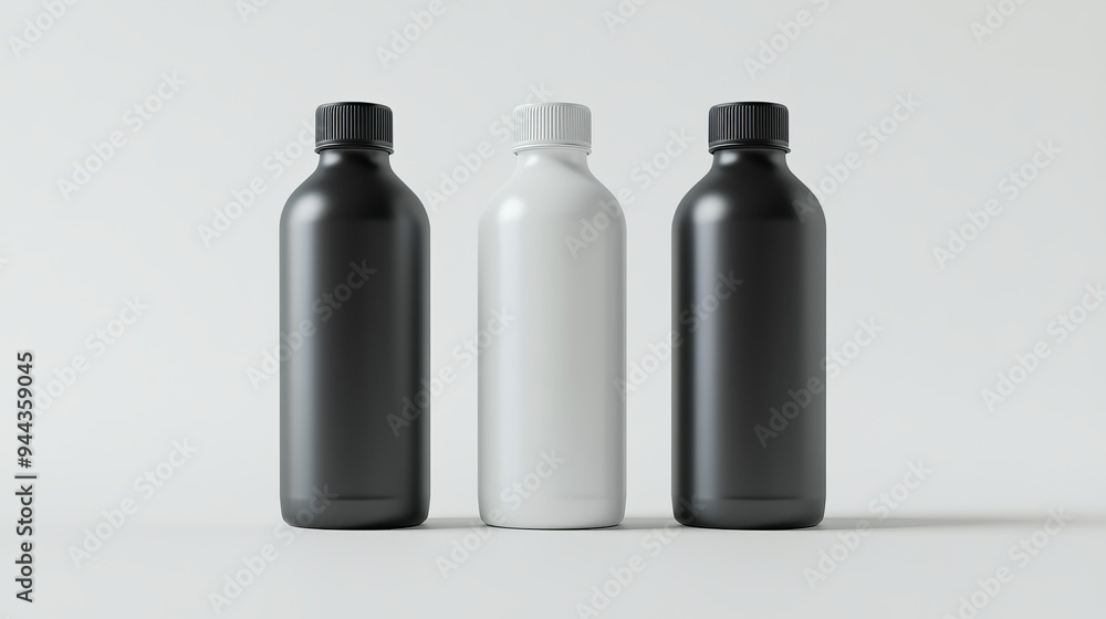 A 3D rendering of an aluminum bottle in black, grey, and white, isolated on a white background A 3D rendering of an aluminum bottle in black, grey, and white, isolated on a white background
