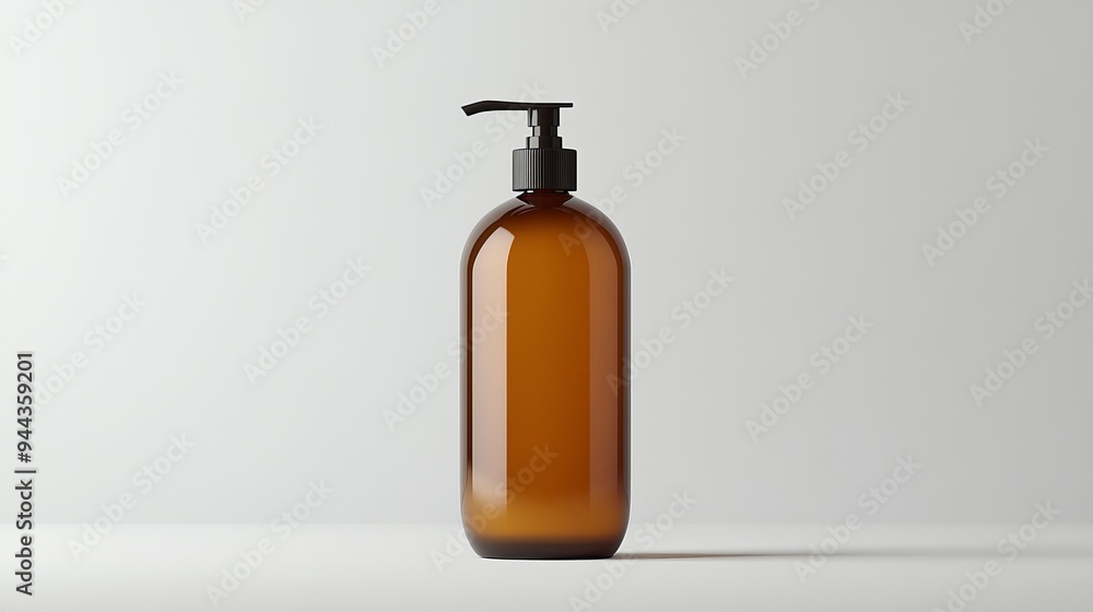 A blank brown glass bottle mockup with a pump, isolated against a white background, representing a realistic packaging template for shampoo or soap A blank brown glass bottle mockup with a pump, isolated against a white background, representing a realistic packaging template for shampoo or soap