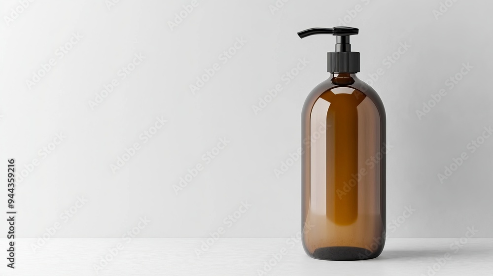 A blank brown glass bottle mockup with a pump, isolated against a white background, representing a realistic packaging template for shampoo or soap A blank brown glass bottle mockup with a pump, isolated against a white background, representing a realistic packaging template for shampoo or soap
