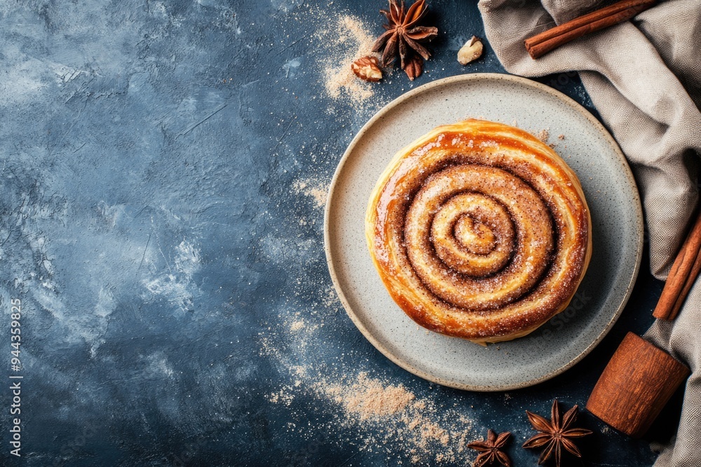 Cinnamon Roll Marble. Fresh Homemade Pastry on Plate, Top View on Stone Background