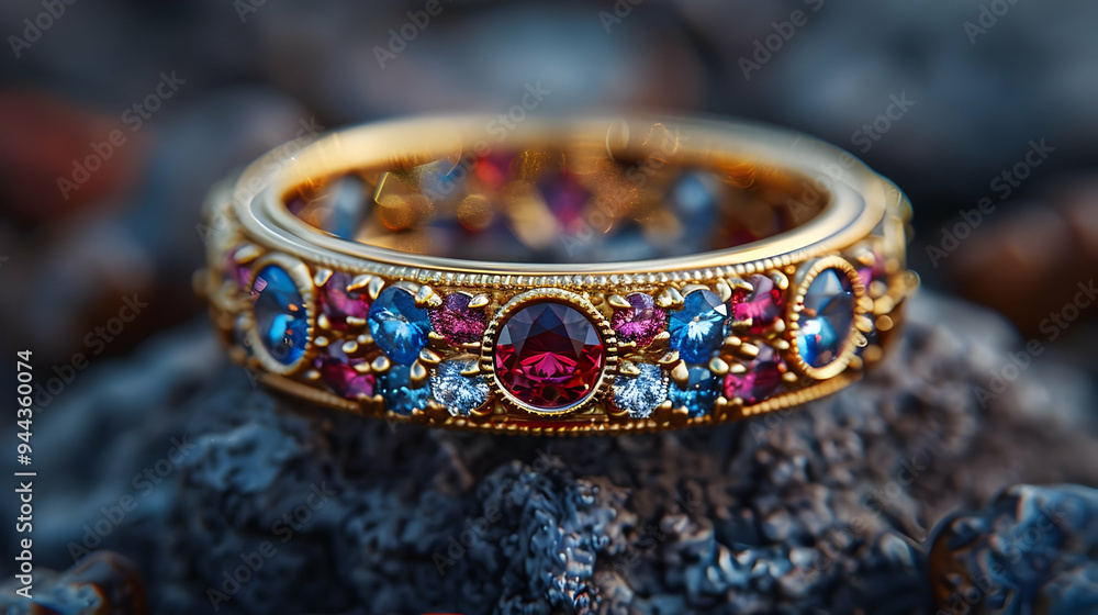Golden Ring with Red and Blue Gemstones Illustration Golden Ring with Red and Blue Gemstones Illustration