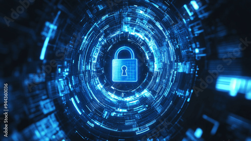 Padlock with Keyhole in data security on Converging point of circuit. Cyber data and information privacy. Future technology security, Network protection, and Modern safety digital Conc, Generative AI.