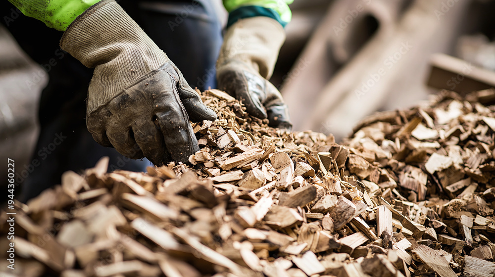 close-up of a worker preparing wood chips for sale, with bags ready for stacking close-up of a worker preparing wood chips for sale, with bags ready for stacking