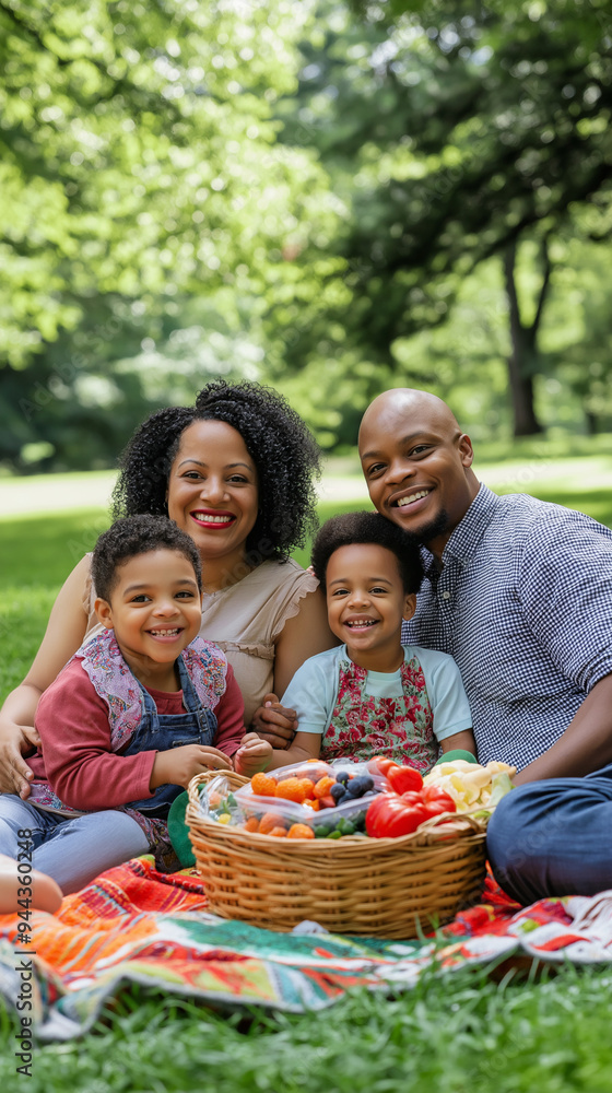 Fototapeta premium Happy Family Picnic in the Park Smiling Parents and Children Enjoying Fresh Fruits and Vegetables