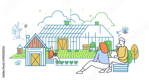 Eco farming concept sustainable agriculture greenhouse minimalistic style. People working and interacting in a farm setting with plants trees and a greenhouse. Line art