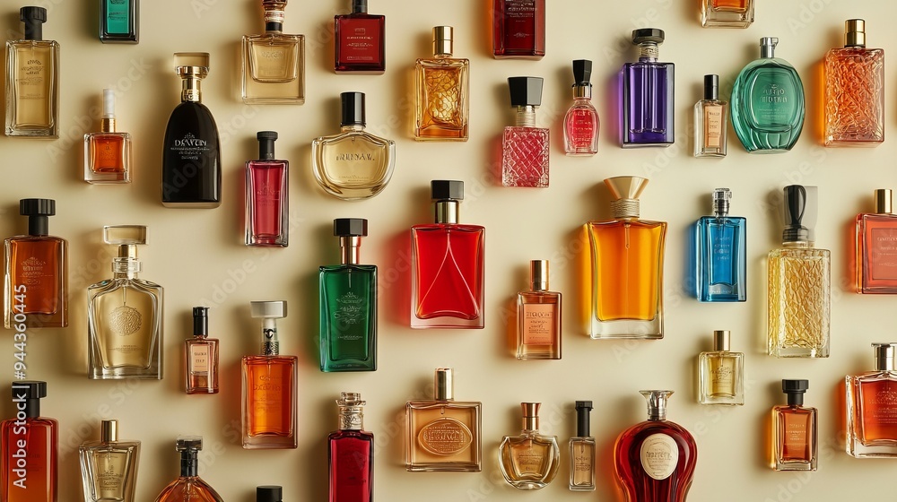 A flat lay of various perfume and eau de toilette bottles arranged in a collection on a beige background, showcasing a beautiful array of multicolored bottles, perfect for holiday gift choices A flat lay of various perfume and eau de toilette bottles arranged in a collection on a beige background, showcasing a beautiful array of multicolored bottles, perfect for holiday gift choices
