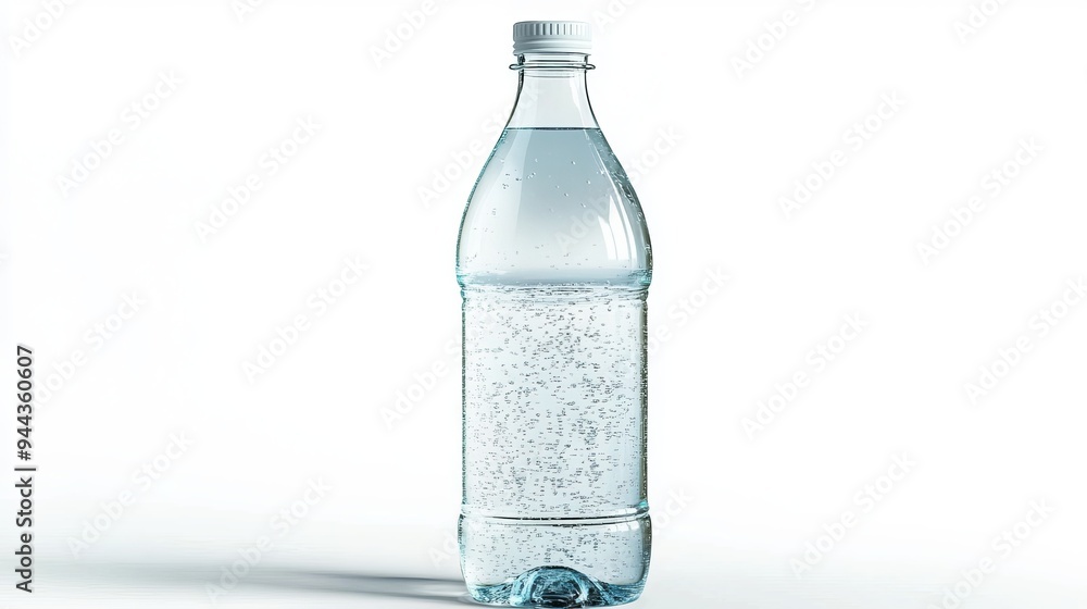 A glass bottle filled with clean, healthy still water, shown against a white background with a clipping path A glass bottle filled with clean, healthy still water, shown against a white background with a clipping path