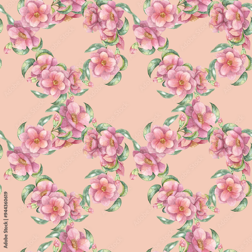 Seamless pattern of pink camellia flowers and green leaves on a soft peach background. Watercolor clipart design ideal for fabric, stationery, or as a digital backdrop for various creative projects Seamless pattern of pink camellia flowers and green leaves on a soft peach background. Watercolor clipart design ideal for fabric, stationery, or as a digital backdrop for various creative projects