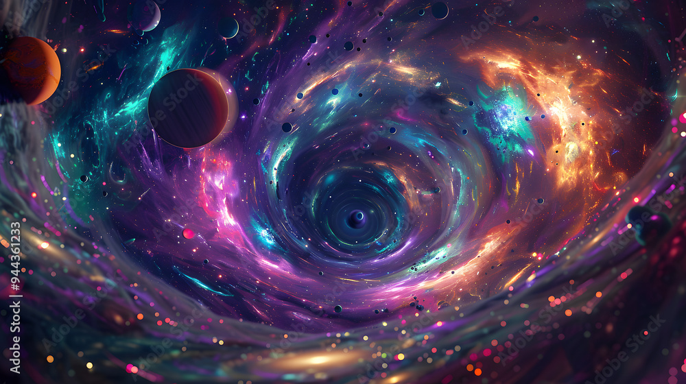 A colorful galaxy with a spiral shape and a large planet in the center. A colorful galaxy with a spiral shape and a large planet in the center.
