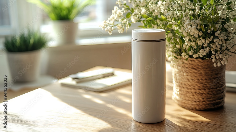 A white thermos bottle placed on a wooden table indoors A white thermos bottle placed on a wooden table indoors