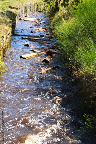 Holztransport in einem Wasserkanal - Holzschwemme photo