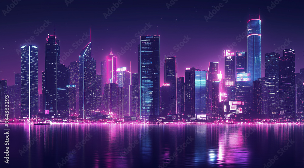 Fototapeta premium Futuristic Cityscape at Night with Neon Lights