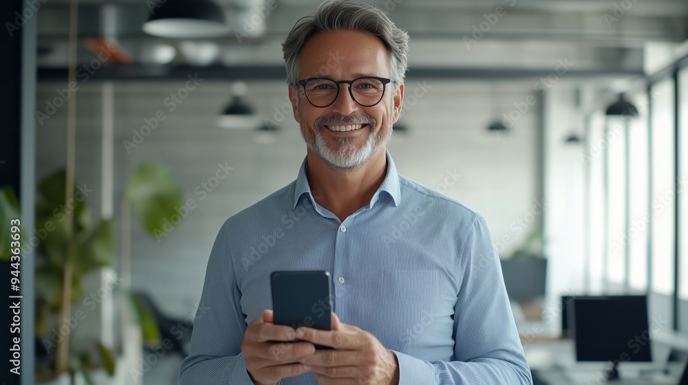 Smiling man holding a smartphone in a modern office during working hours with natural light streaming in Smiling man holding a smartphone in a modern office during working hours with natural light streaming in