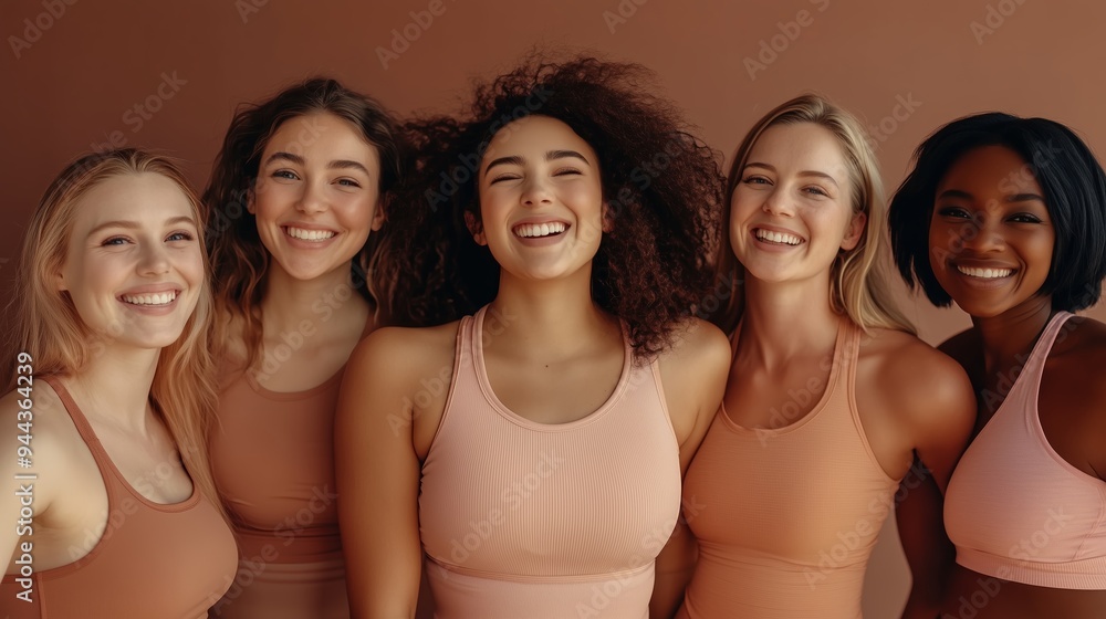 Obraz premium Five diverse women smiling confidently together in matching casual outfits against a warm, earthy backdrop during daylight