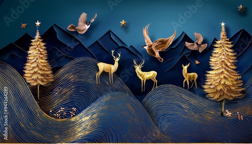 dark blue mural wallpaper from the contemporary era christmas tree mountain deer birds and waves of gold on a dark blue backdrop depicting a jungle or forest generative ai photo