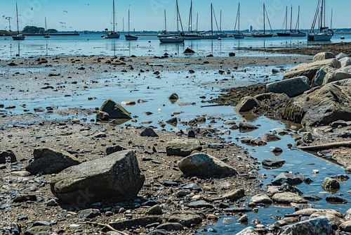 A photograph of rocks and debris covering the ground at low tide in Boston's Dorchester Bay harbor photo