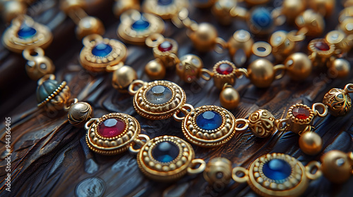 Close-Up of Golden Necklace with Blue and Red Gemstones - Realistic Photo