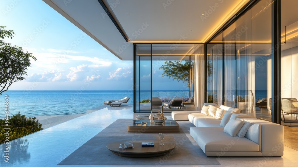 Sea view Living room with terrace in modern luxury beach house, Vacation home for big family - Interior 3d rendering Sea view Living room with terrace in modern luxury beach house, Vacation home for big family - Interior 3d rendering