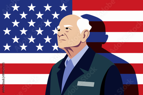 elderly veteran on the background of the American flag silhouette 