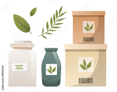 Eco packaging items with leaves and containers organic product packaging design green foliage minimalist style