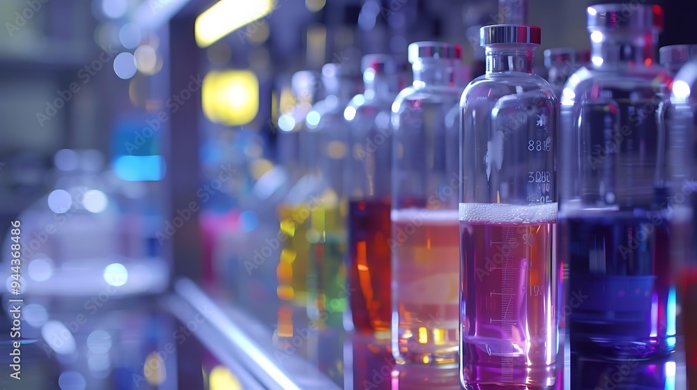 Close-up of various chemical lab equipment with colorful liquids, realistic HD capture Close-up of various chemical lab equipment with colorful liquids, realistic HD capture