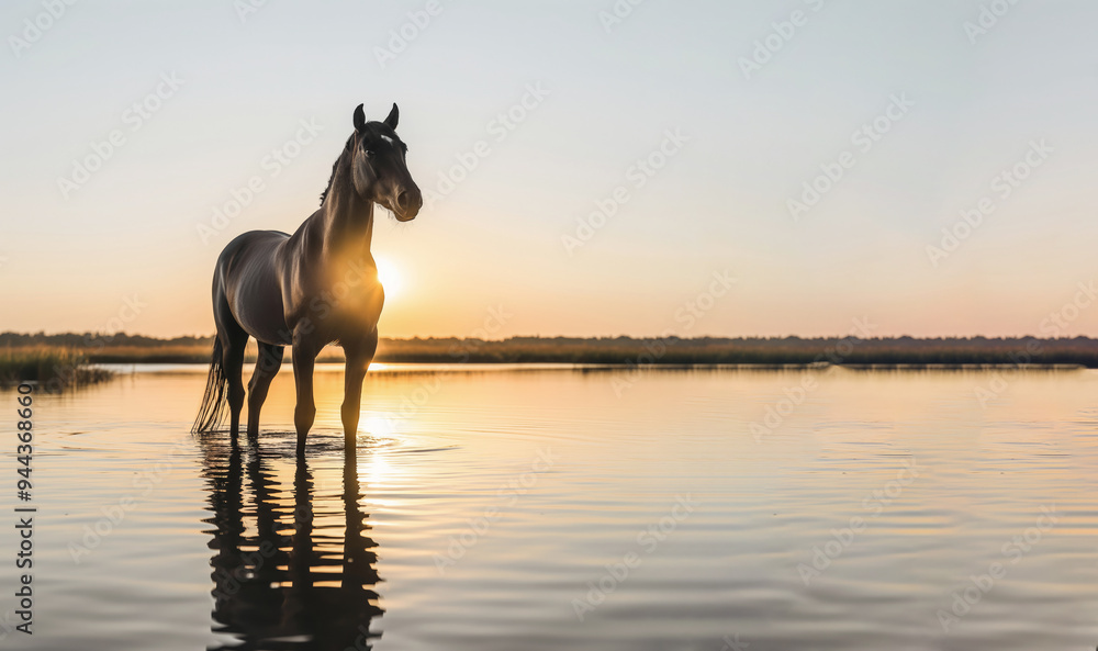 Black horse standing in shallow water during sunset with the sun casting a warm glow on the scene, creating a peaceful and reflective atmosphere Black horse standing in shallow water during sunset with the sun casting a warm glow on the scene, creating a peaceful and reflective atmosphere