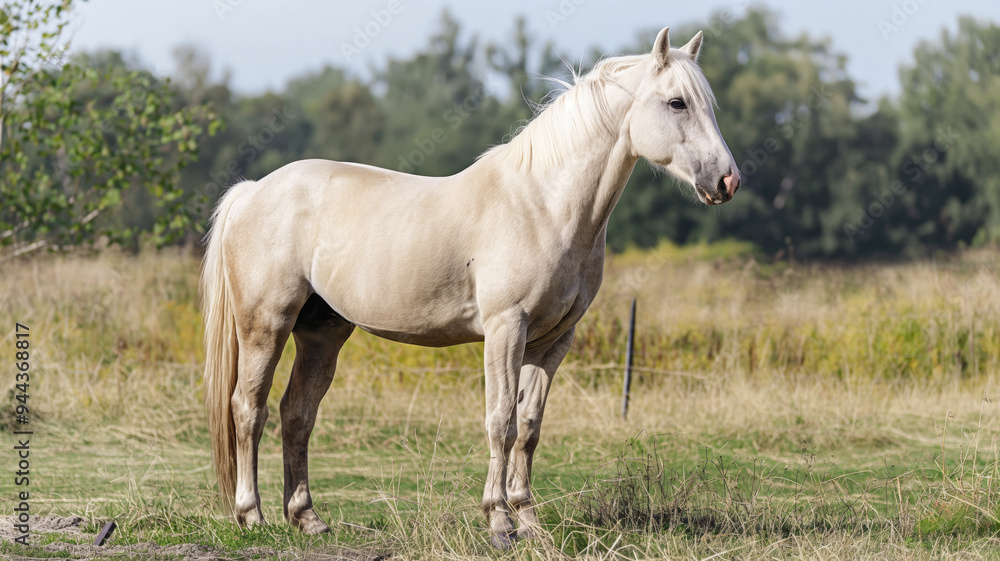 White horse standing in a grassy field on a sunny day with trees in the background, exuding strength and grace in a natural rural setting White horse standing in a grassy field on a sunny day with trees in the background, exuding strength and grace in a natural rural setting