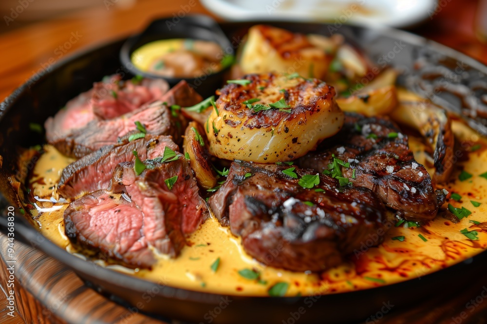 Sizzling steak platter with grilled scallops and vegetables served at a cozy restaurant in the evening Sizzling steak platter with grilled scallops and vegetables served at a cozy restaurant in the evening
