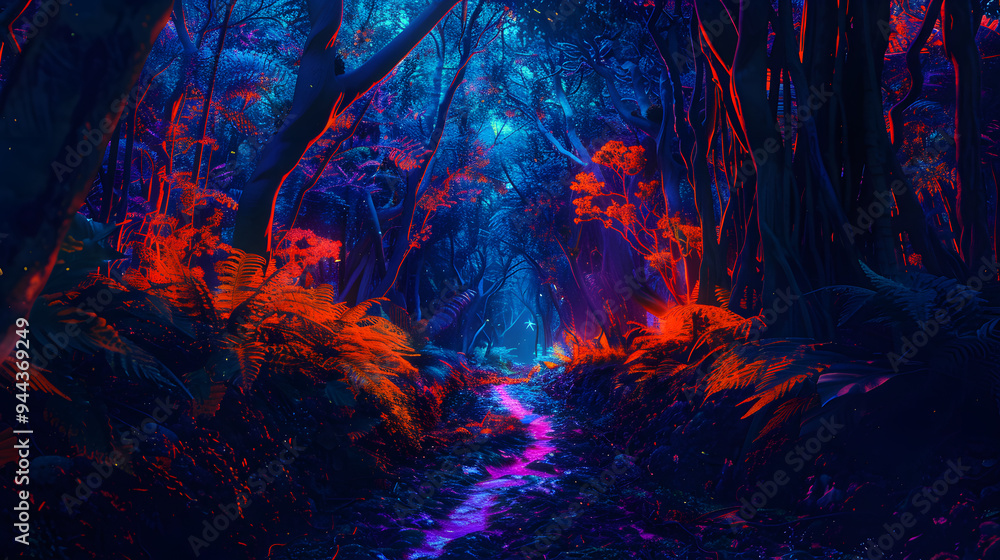 A forest with trees and plants in a purple and blue color. A forest with trees and plants in a purple and blue color.
