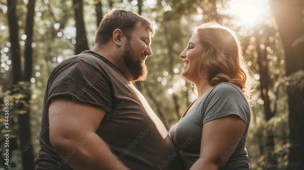 Overweight couple smiling warmly at each other during a tender moment outdoors in a sunlit forest, creating a romantic and serene atmosphere Overweight couple smiling warmly at each other during a tender moment outdoors in a sunlit forest, creating a romantic and serene atmosphere