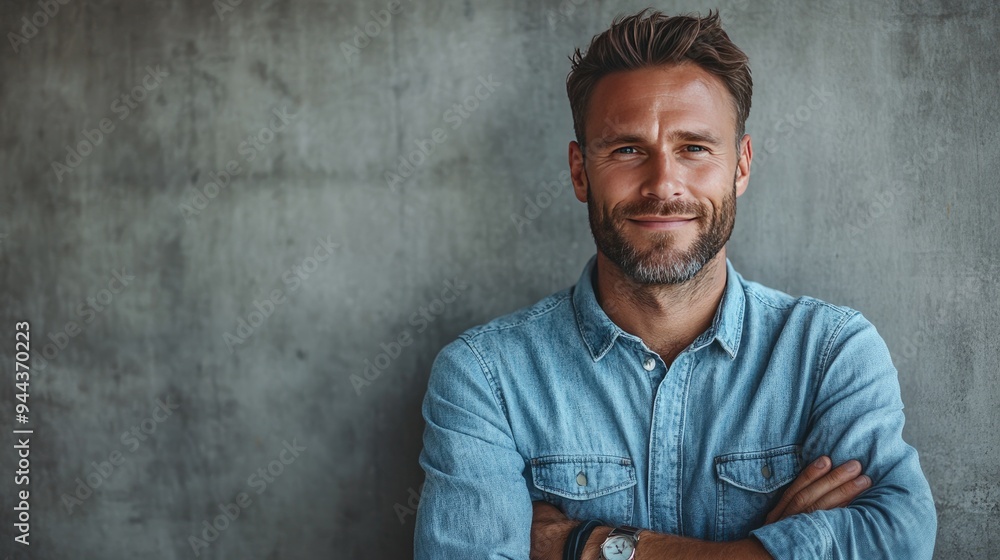 Obraz premium Confident Young Man in Denim Shirt Smiling Against Concrete Wall