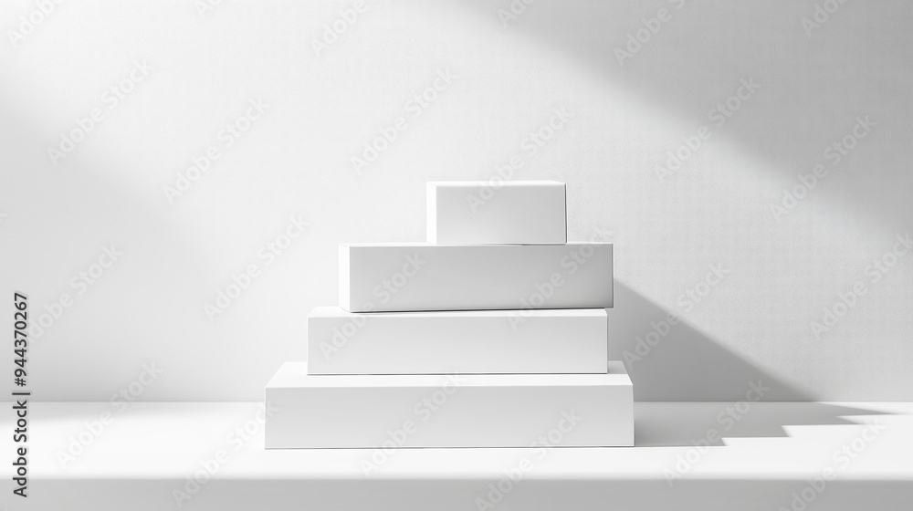 Stack of white minimalist boxes arranged in a pyramid shape on a white surface with soft shadows, creating a clean and modern presentation Stack of white minimalist boxes arranged in a pyramid shape on a white surface with soft shadows, creating a clean and modern presentation