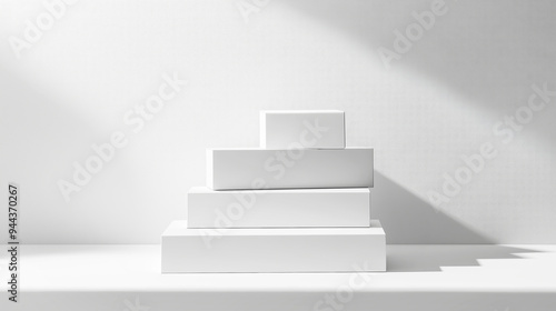 Stack of white minimalist boxes arranged in a pyramid shape on a white surface with soft shadows, creating a clean and modern presentation