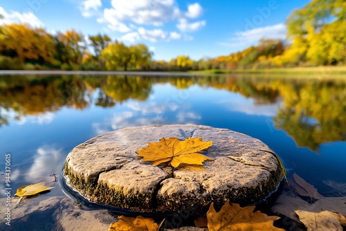 Peaceful reflections in quiet ponds captured in a photo that emphasizes the stillness and beauty of nature #944370615