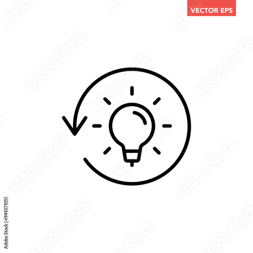 Single black refresh idea line icon, simple light bulb with repeat arrow flat design illustration pictogram for infographic interface elements for app logo web button ui isolated on white background
