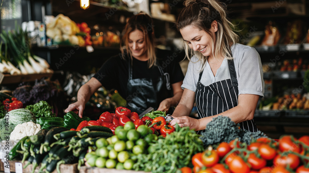 Two women working in a fresh produce market, arranging colorful vegetables with smiles on their faces. The scene highlights a vibrant, healthy, and lively environment Two women working in a fresh produce market, arranging colorful vegetables with smiles on their faces. The scene highlights a vibrant, healthy, and lively environment