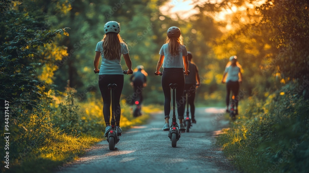 Obraz premium Outdoor Adventure: Women Riding Electric Scooters through Scenic Park during Golden Hour