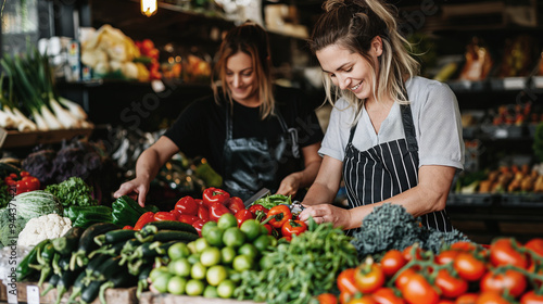 Two women working in a fresh produce market, arranging colorful vegetables with smiles on their faces. The scene highlights a vibrant, healthy, and lively environment