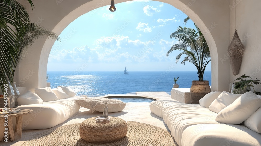 Obraz premium Sea view Beach luxury living - Santorini island style - 3D rendering 