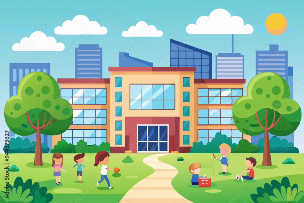 School building front view with green lawn modern school house exterior with cityscape, trees. Elementary children education, study, learning, city architecture flat vector illustration
School building front view with green lawn modern school house exterior with cityscape, trees. Elementary children education, study, learning, city architecture flat vector illustration