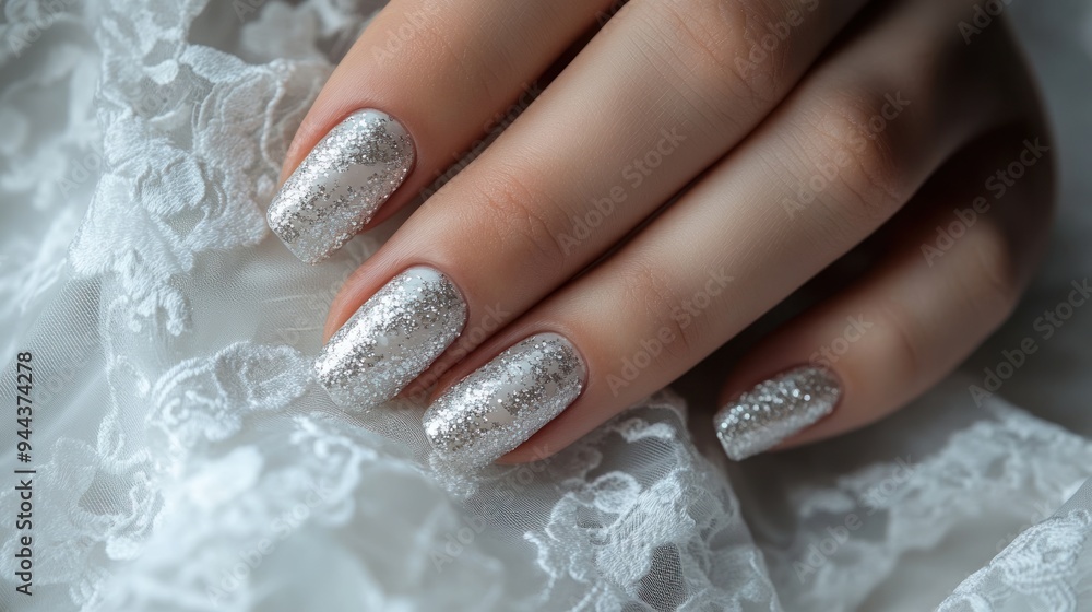 Close Up of a Hand with Silver Glitter Nail Polish Close Up of a Hand with Silver Glitter Nail Polish