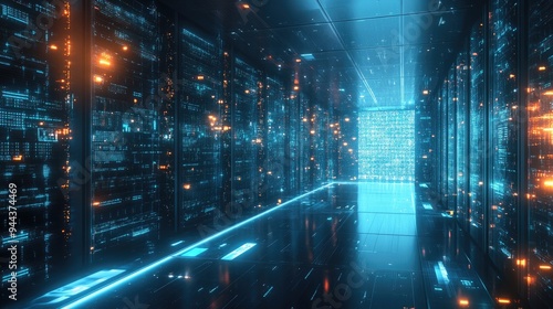 Futuristic Data Center with Glowing Servers and Digital Interfaces