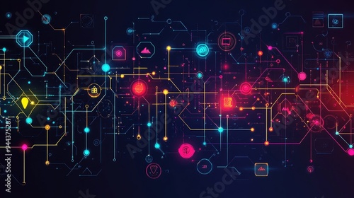 Abstract Digital Network with Colorful Icons Representing Technology and Communication Connections photo