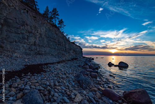 Sunset landscape. Panga Cliff Seaside Coastline. High stone cliff of Saaremaa island, Baltic Sea. Estonia photo