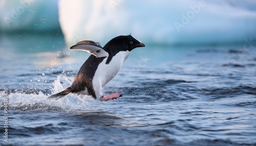 closeup of a little arctica adelie penguin pygoscelis adeliae jumping to the water photo