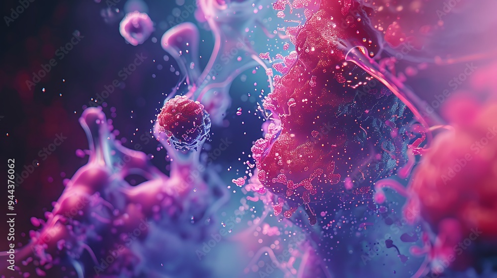 Creative illustration blending microbiology and science fiction, featuring dynamic particle flows in an abstract, futuristic style / Creative illustration blending microbiology and science fiction, featuring dynamic particle flows in an abstract, futuristic style /