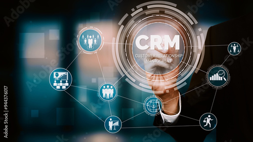 CRM Customer Relationship Management for business sales marketing system concept presented in futuristic graphic interface of service application to support CRM database analysis. uds