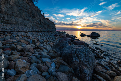 Sunset landscape. Panga Cliff Seaside Coastline. High stone cliff of Saaremaa island, Baltic Sea. Estonia photo